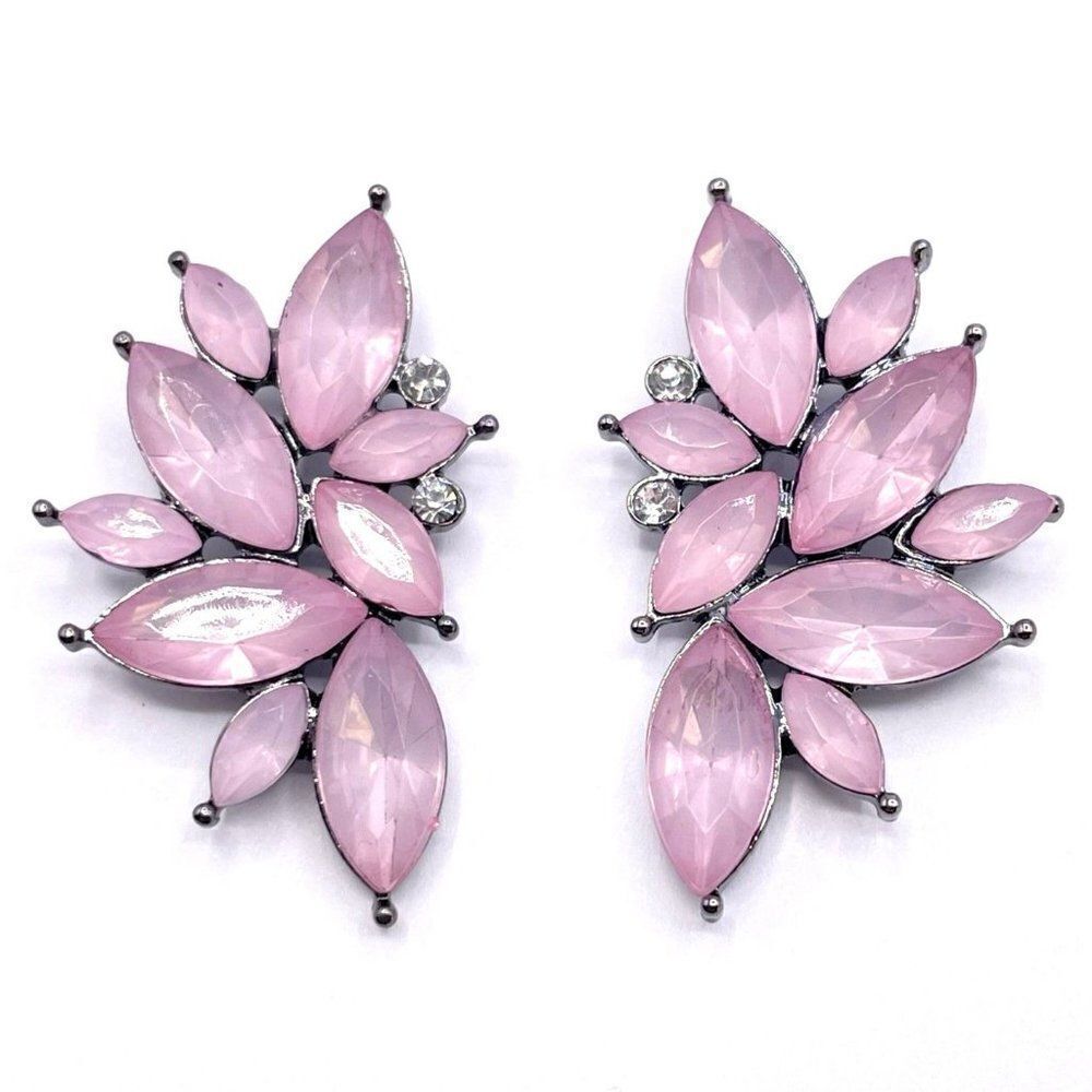 Gunmetal with Pink and White Crystal Retro Style Post Back Earrings